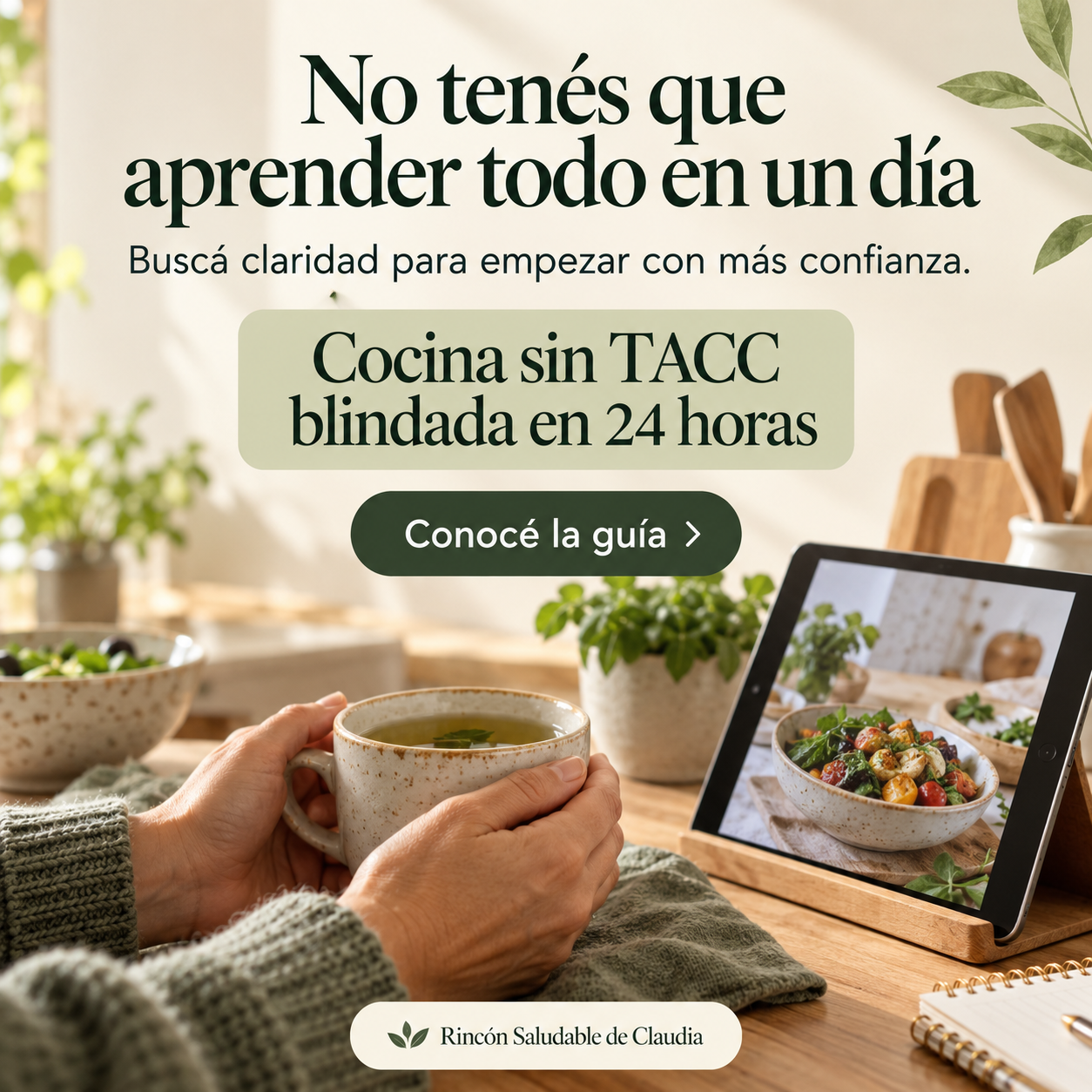 Manos sosteniendo una taza junto a una tablet con una receta, en una cocina luminosa